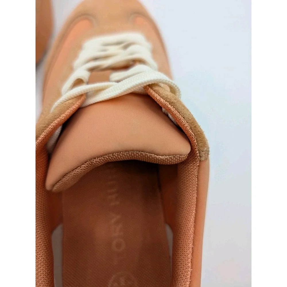 Tory Burch Good Luck Trainer Leather Suede‎ Peach Orange Sneaker Size 8M Preppy